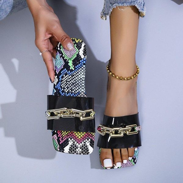 

slippers women sandals serpentine metal chain black white green flat platform women's flip flops square peep toe slide pantufas