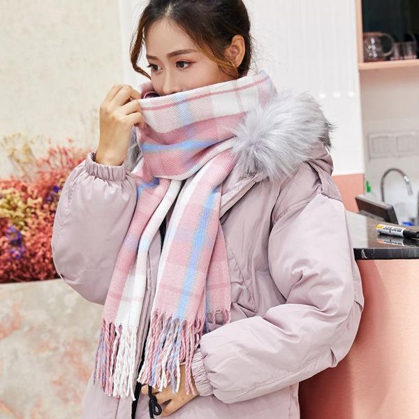 

scarves female winter korean version of the student's japanese plaid thick shawl dual versatile super long warm scarf autumn styl, Blue;gray