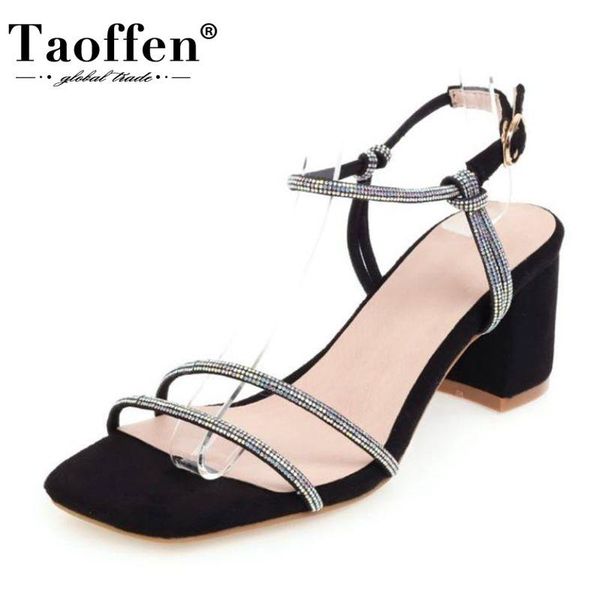 

taoffen female thick high heel sandals buckle summer women shoes fashion bling square ladies footwear size 34-48, Black