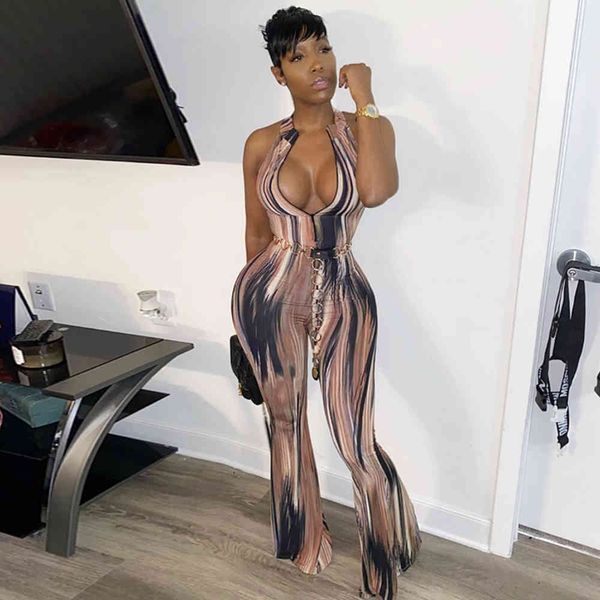 

halter elegant women jumpsuits summer skinny ladies overalls print backless long rompers womens jumpsuit femme playsuits 210507, Black;white