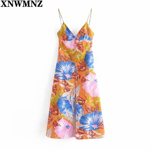 Blumenkleid Frau Tropical Print Strap Midi Kleider Frauen Sommer Slip Backless Button Up Damen Casual Vestidos 210520