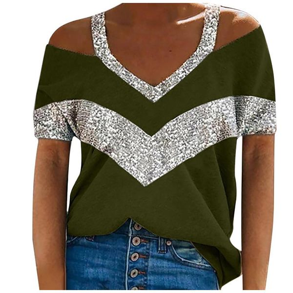

yoga outfit summer t shirt casual women's v-neck off shoulder frosted sequined short sleeve stitching t-shirt loose clothes ropa mujer