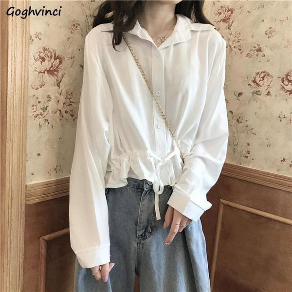 

women's blouses & shirts women solid crop bow button all-match pleated design soft fashion style retro clothes elegant korean simple, White