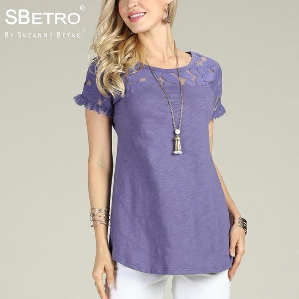 

women's blouses & shirts sbetro by suzanne betro purple knit lace yoke edge ruffle cap sleeve tee fashion casual women ladies femme, White