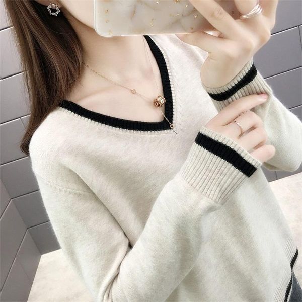 

women's sweaters bottoming shirt spring dress 2021 style v-neck long sleeve loose color matching wild knitted sweater, White;black