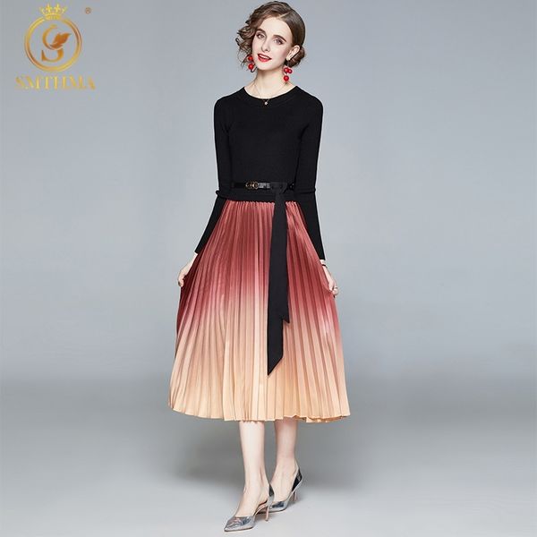 

women sweater dresses long sleeve slim belted female patchwork pleated knitted vestidos 210520, Black;gray