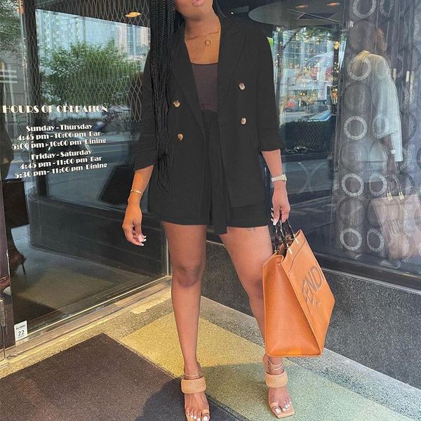 

women's tracksuits women long sleeve double breasted blazer & shorts set solid color offices fashion two pieces, Gray