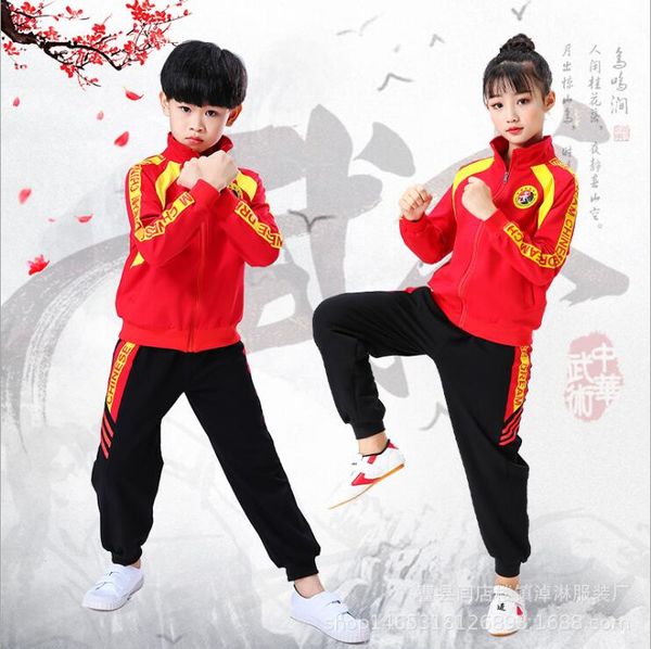 

beautiful children's martial arts wear wushu practice clothing performance suits red kids kungfu martials artss uniforms gym, Black;red