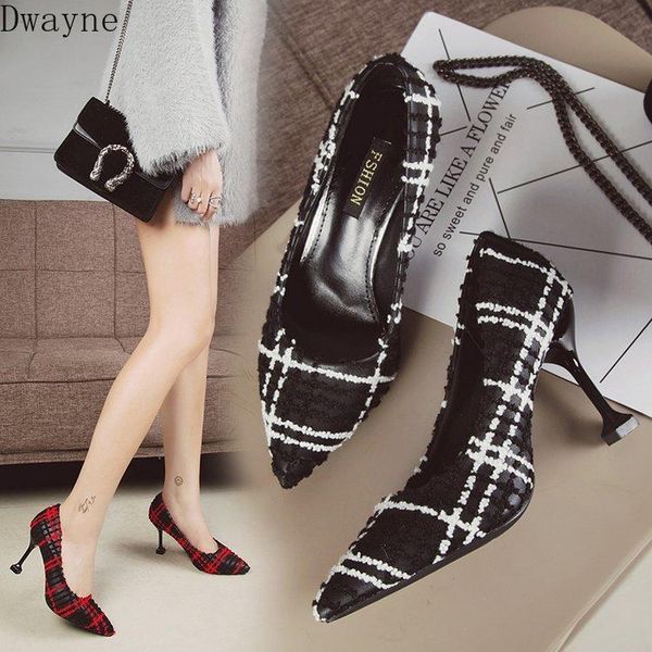 

dress shoes korean commuter plaid shallow mouth womens 2021 fall elegant high heels stiletto single shoe ol work party pumps, Black