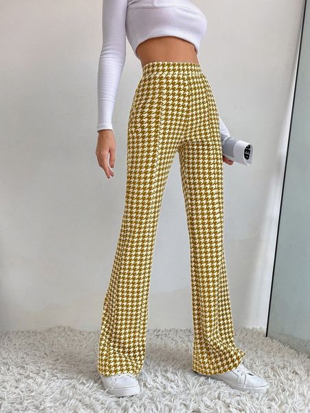 

high waist houndstooth flare leg pants c31r#, Black;white