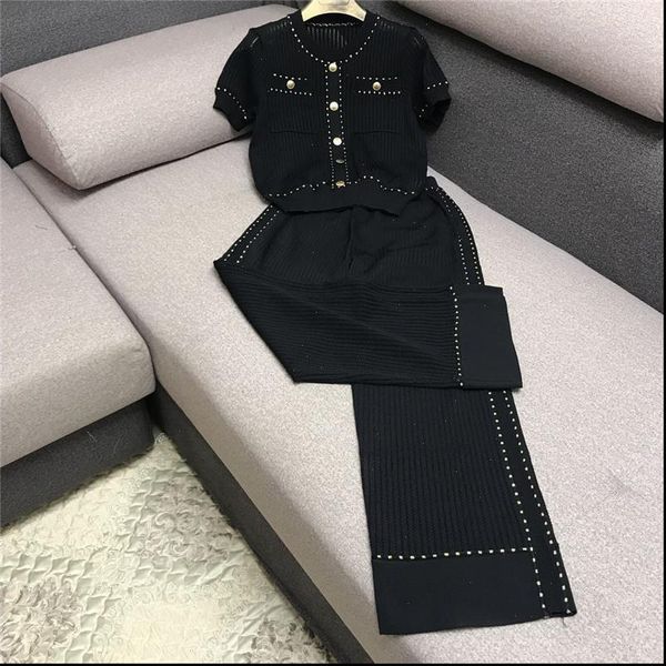 

women tracksuits golden button hollow out knitting wide leg pants 2pcs sets casual short sleeve knitwear trousers suit, Gray