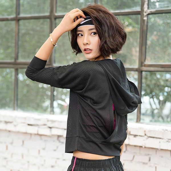 

yoga outfits women breathable hooded running shirts quick dry fitness sport jerseys open back gym workout long sleeve t shirt, White;red