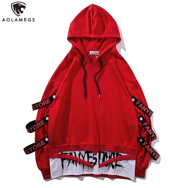 

aolamegs hoodies men fake 2 pieces ribbons hooded high street pullover sweatshirt men fashion hip hop streetwear hoodie autumn 211014, Black