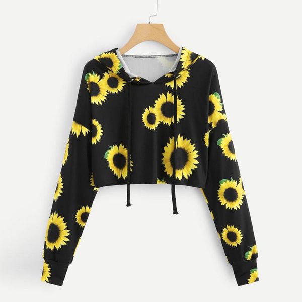 

women's hoodies & sweatshirts hoodie women long sleeve sunflower printing hooded sweatshirt crop for girls drawstring tracksuit, Black