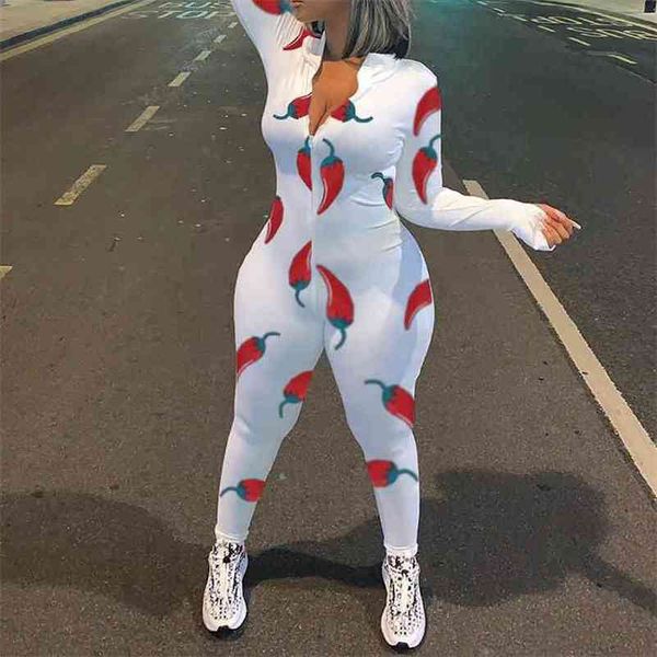 

womens chili printing skinny rompers long sleeve front zipper o-neck jumpsuit outfit streetwear clothing spring autumn 210517, Black;white