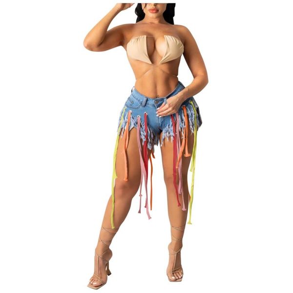 

women's jeans women summer mini short plus size tassel elastic high waist shorts with fringes vintage denim biker, Blue