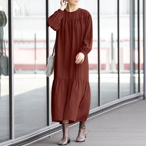 

stylish elegant women long sleeve solid maxi dress spring vestidos plus size robe o neck casual loose party sundress dresses, Black;gray