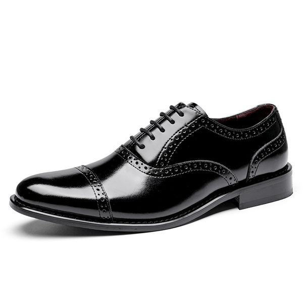 

2021men's dress shoes oxfords style genuine leather low heel rubber three-stage splicing brogue carved all season america popular gentr, Black
