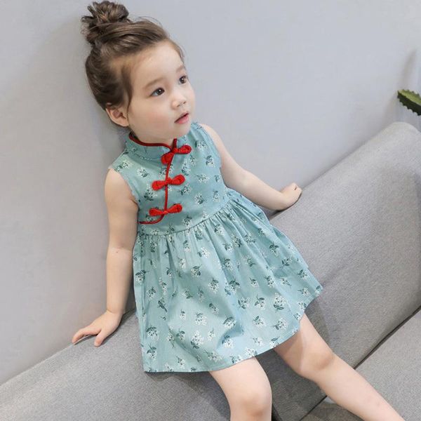 

girl's dresses cheongsam dress for girls floral kids clothes children's sleeveless asymmetrical party outfits summer, Red;yellow