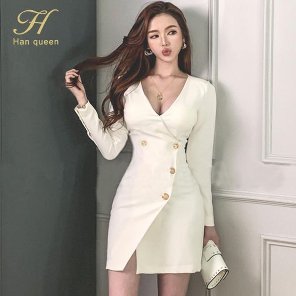 

casual dresses h han queen elegant office wear pencil dress women winter black/white v-neck ol party work sheath bodycon vestidos, Black;gray