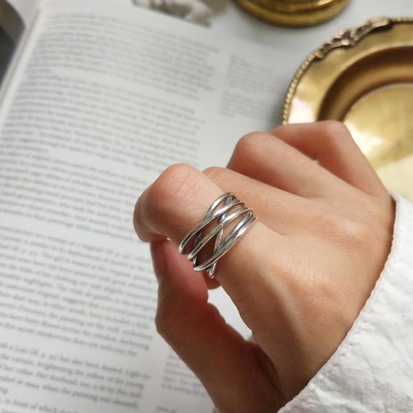 

cluster rings 100% authentic s925 sterling silver fine jewelry geometric open criss twisted long band punk rock party j237, Golden;silver