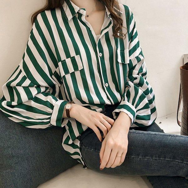 

women's blouses & shirts fashion women striped 2021 elegant blouse female loose casual shirt long sleeve plus size woman, White