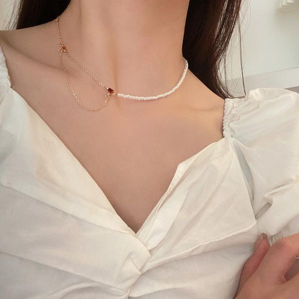 

love pearl necklace personality asymmetrical splicing alloy metal choker short fashion collarbone chain accessories for women chokers, Golden;silver