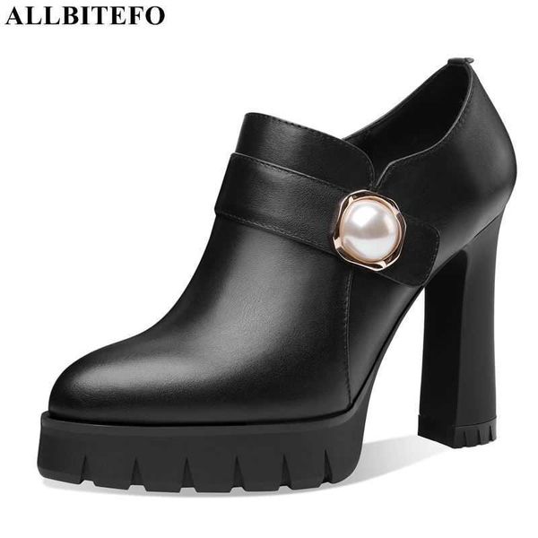 

allbitefo arrive genuine leather thick heels platform office ladies shoes women high heel shoes women shoes women heels 210611, Black