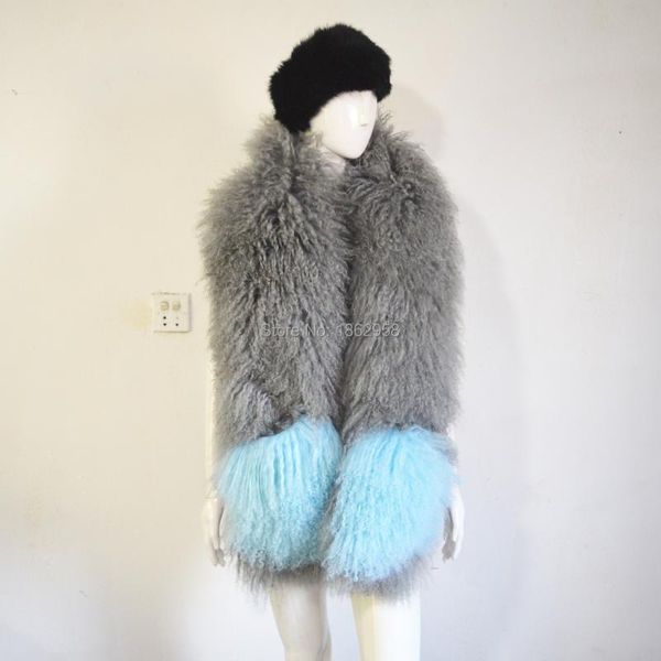 

scarves 170cm*14cm sj765 women real sheep fur scarf with warm pocket, Blue;gray