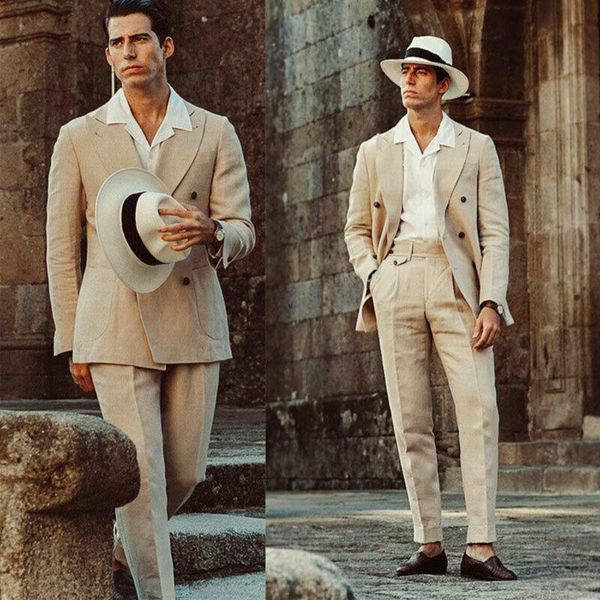

men's suits & blazers fit peaked slim laple brown linen men business work wear tailored 2 pieces jacket and pants prom party dress, White;black