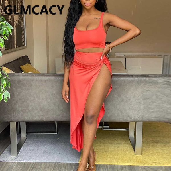 

two piece party dress suits sleeveless crop & slit maxi skirt set 210702, White
