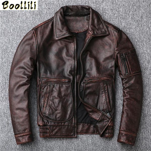 

men's leather & faux boollili genuine jacket men cow coat vintage motorcycle brown real cowhide veste cuir homme, Black
