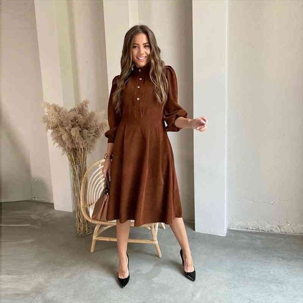 

casual o-neck button folds midi dress autumn lantern sleeve corduroy loose office lady a-line dresses for women, Black;gray