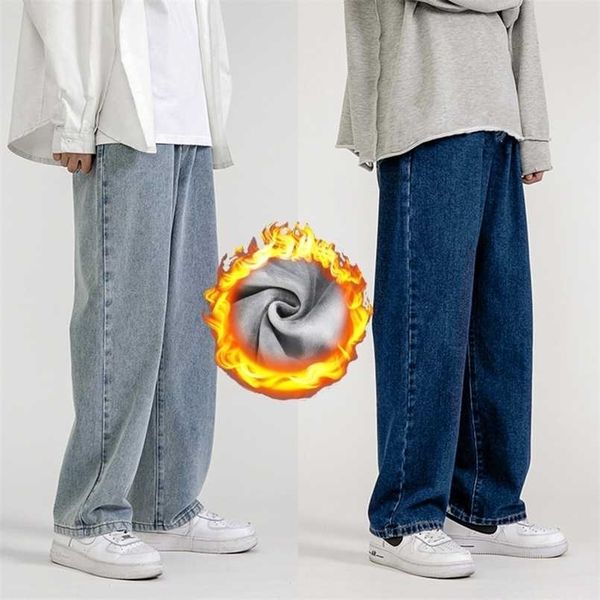 

men's jeans flannel warm casual male jeans pants cowboy man streetwear korean hip hop loose straight denim trousers winter jeans 211206, Blue
