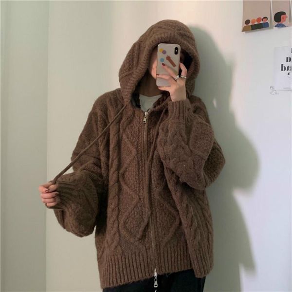 

women's knits & tees women autumn winter twist zipper hooded sweater coat knitted cardigan jacket oversized long lantern sleeve outwear, White