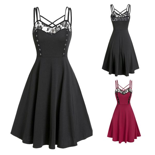 

2021 spring and summer new women's wear medium and long suspender dress women's wear lace women's dress, Black;gray