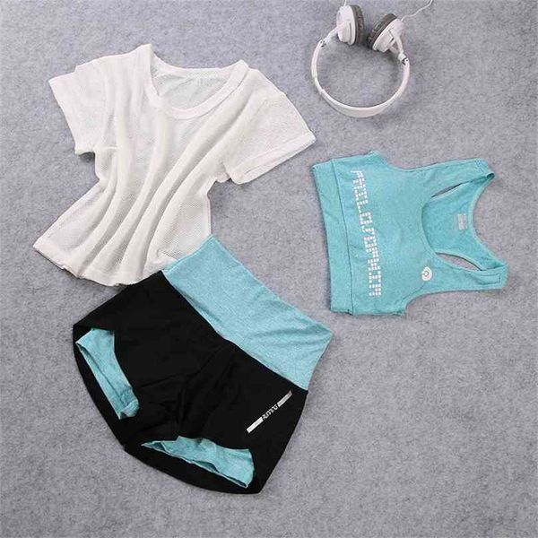 

summer 3 piece yoga set sportswear for women bra fitness clothing shorts gym workout crop girl run suit 210802, Gray
