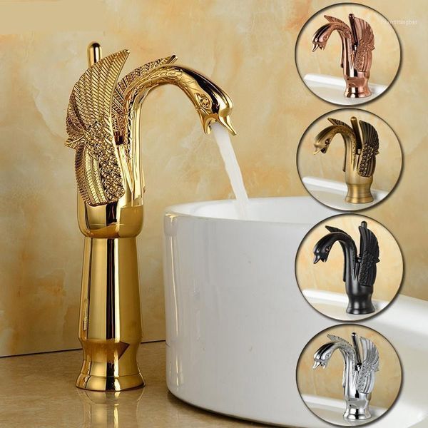 Faucets da pia do banheiro Bacia de torneira curta de cisne altura Design Design de luxo Misturador de lavagem Tapas de latão e ouro de ouro frio Tap1