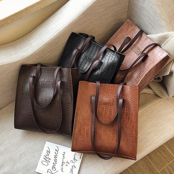 

fashion women's pu leather shoulder bag luxury retro crocodile pattern shopping tote large capacity handbag cross body