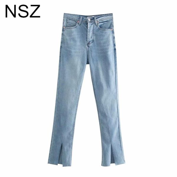 

women's jeans nsz women blue ankle split high waist straight fashion ladies denim pants slim trousers 2021