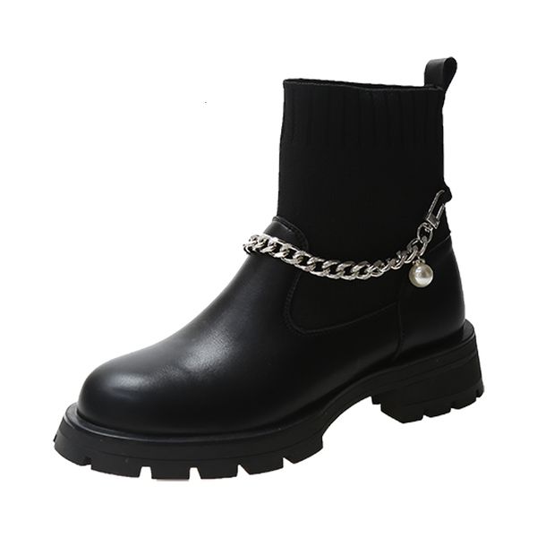 

boots platform women's short-barrel boots, sleek winter cast with metal chain g857, Black