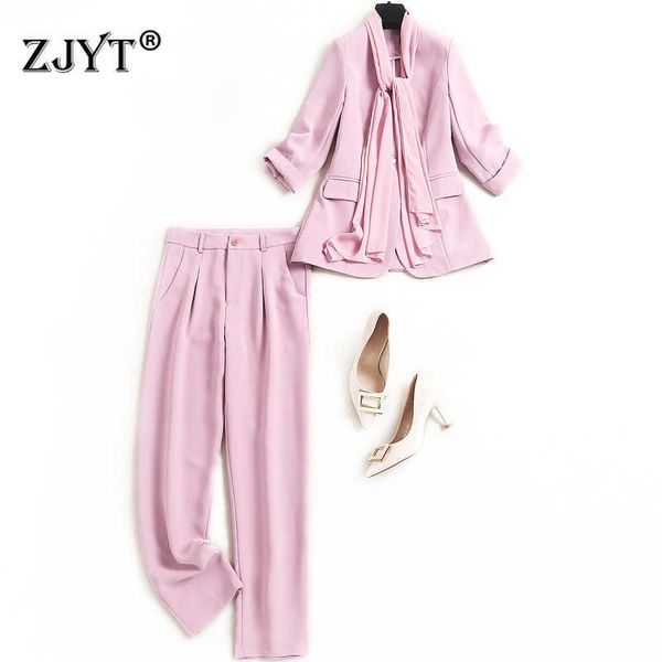 

elegant office lady two piece outfits bow tie solid blazers and pants suit plus size set women spring designers trousers twinset 210601, White;black