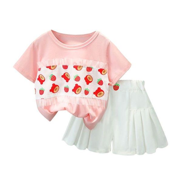 

clothing sets children's suit 2021 summer girl sweet strawberry lace stitching short-sleeved pleated shorts two-piece, White
