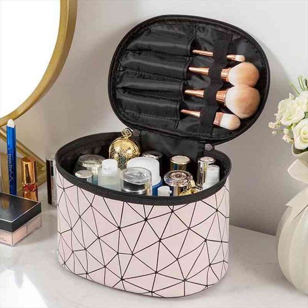 

1 pc pu waterproof striped women cosmetic bag travel toiletry organizer zipper storage makeup pouch portable handbag make up bag