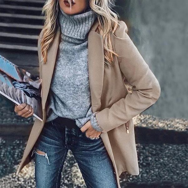 

fashion winter coat women long sleeve solid color woolen pocket lapel coats womens outwear loose overcoat femme veste women's wool & bl, Black