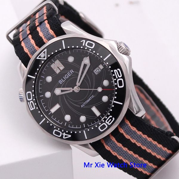 

bliger 41 mm black dial automatic mechanical man watch nylon band sapphire crystal lightning turn waterproof calendar men, Slivery;brown