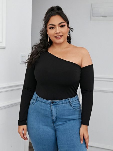 

plus asymmetrical neck long sleeve h7oq#, Black