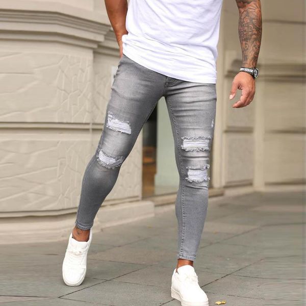 

men's jeans skinny ripped stretch denim pants solid grey jogging man elastic waist patchwork trousers, Blue