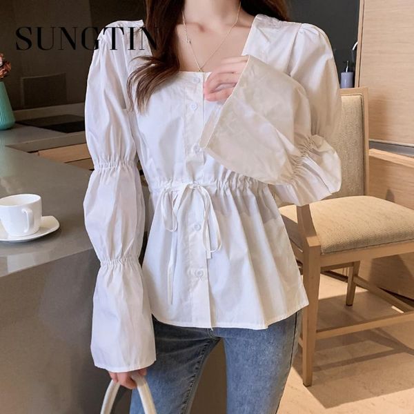 

women's blouses & shirts sungtin design long sleeve shirring blouse for women vintage white square collar folds korean fashion elegant