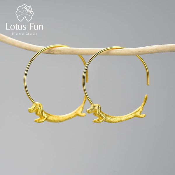 

hoop & huggie lotus fun lovely flying dachshund dog big round earrings real 925 sterling silver 18k gold for women jewelry 2021, Golden;silver